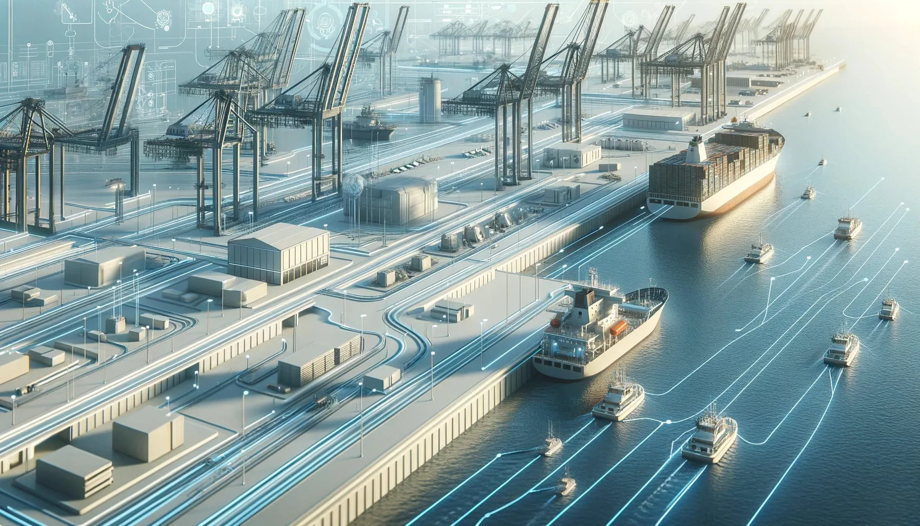 Illustration of an electrified port with vessels at charging berths
