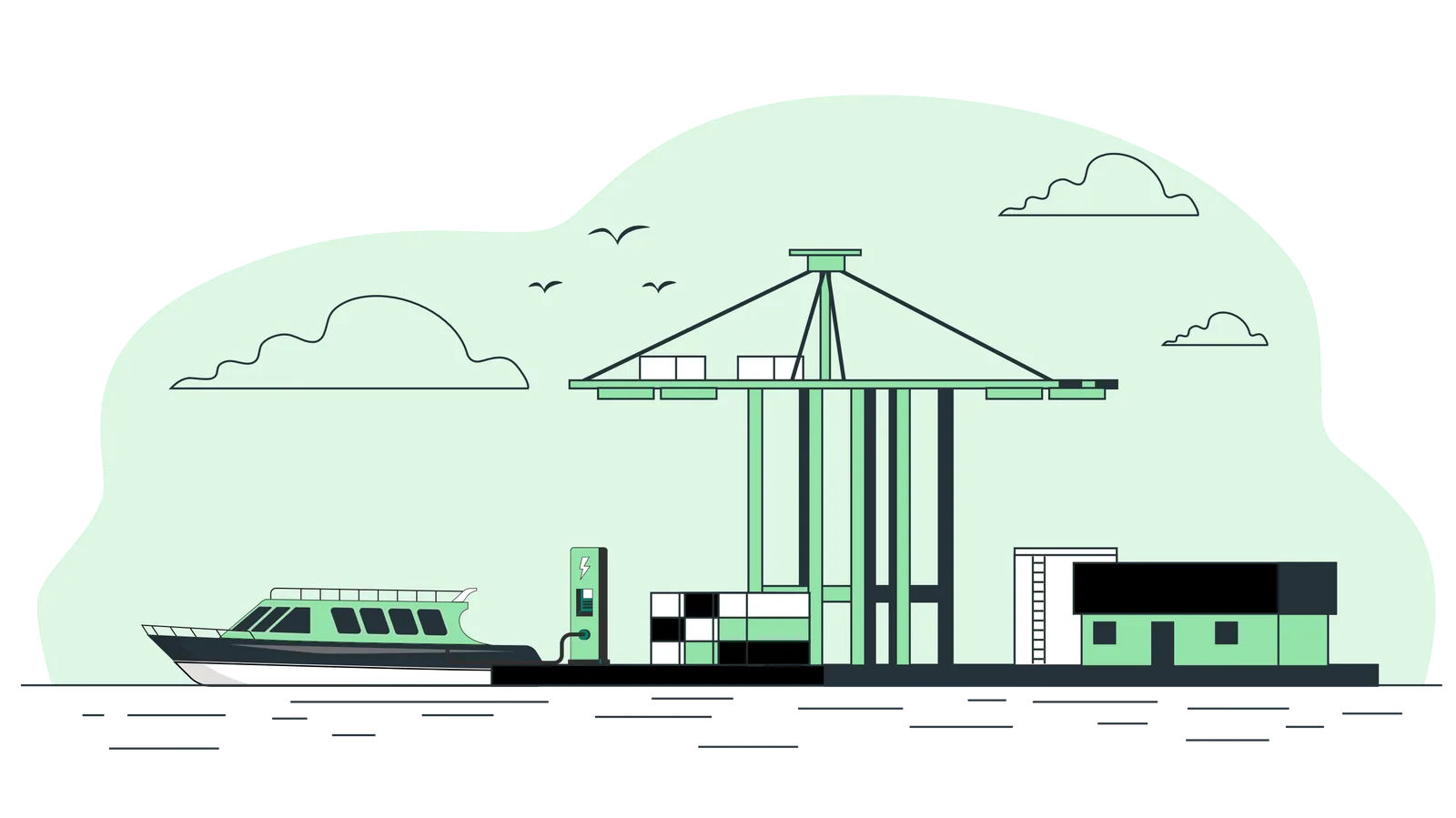 A boat at a port with a crane and shipping containers. Green tones dominate. A charging station is present, with clouds and birds in the sky.
