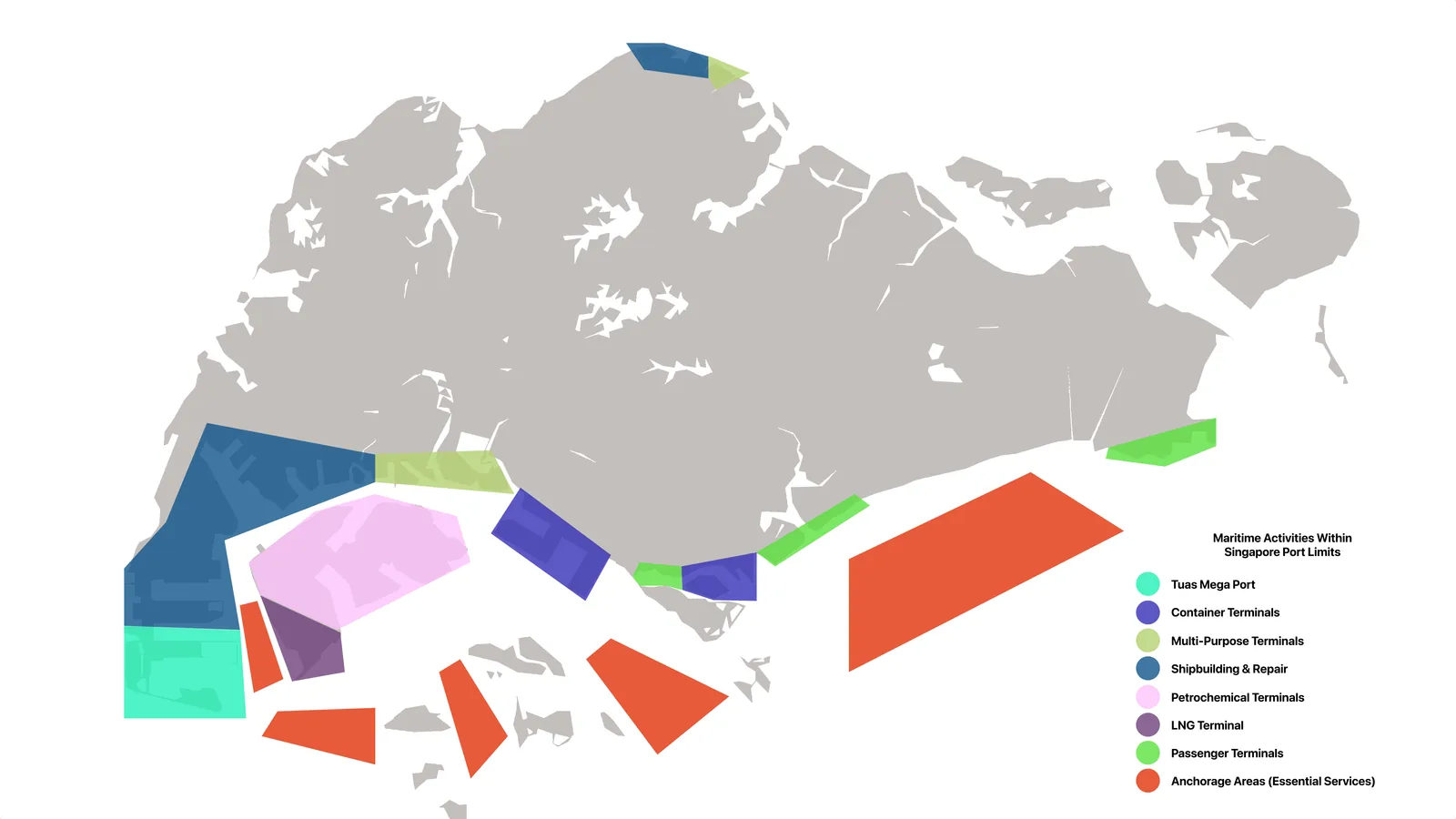 Map of Singapore with coloured zones indicating maritime activities: terminals, shipbuilding, and anchorage areas.